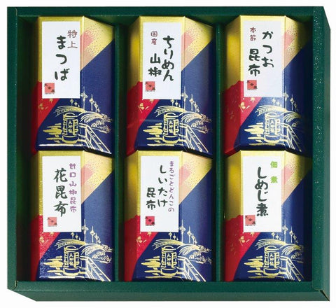 あまねしいたけ昆布、あまね花昆布、ちりめん山椒、特上まつば、かつお昆布、しめじ煮